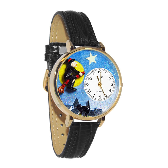 Whimsical Gifts | Flying Witch 3D Watch Large Style | Handmade in USA | Holiday & Seasonal Themed | Halloween | Novelty Unique Fun Miniatures Gift | Gold Finish Black Leather Watch Band