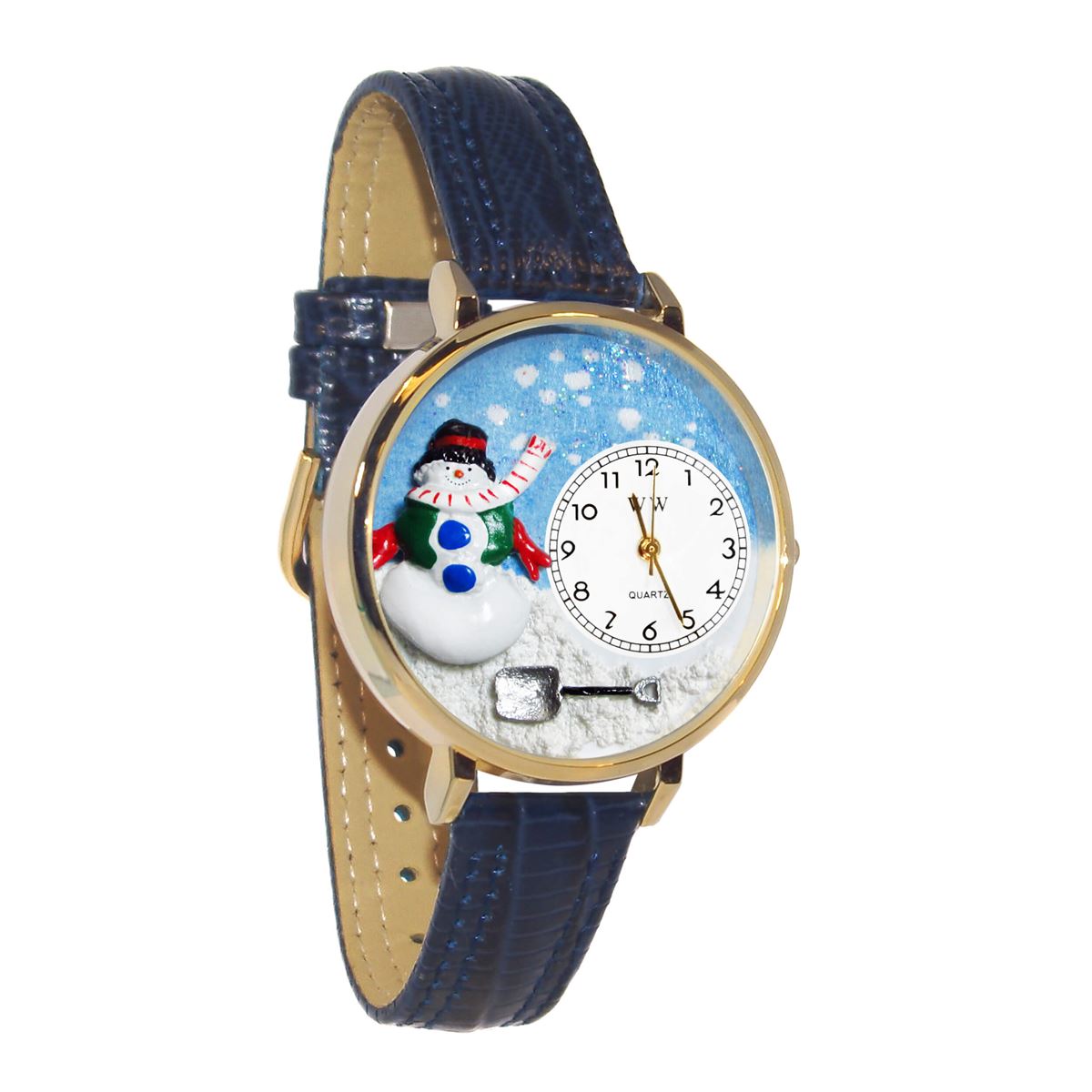 Whimsical Gifts | Snowman 3D Watch Large Style | Handmade in USA | Holiday & Seasonal Themed | Fall & Winter | Novelty Unique Fun Miniatures Gift | Gold Finish Blue Leather Watch Band