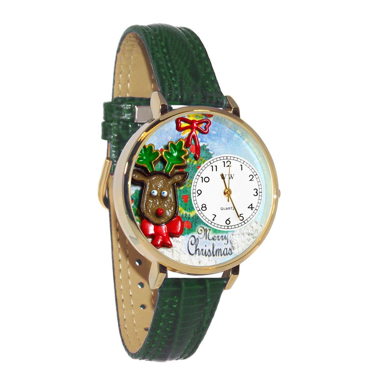 Whimsical Gifts | Reindeer 3D Watch Large Style | Handmade in USA | Holiday & Seasonal Themed | Christmas | Novelty Unique Fun Miniatures Gift | Gold Finish Green Leather Watch Band