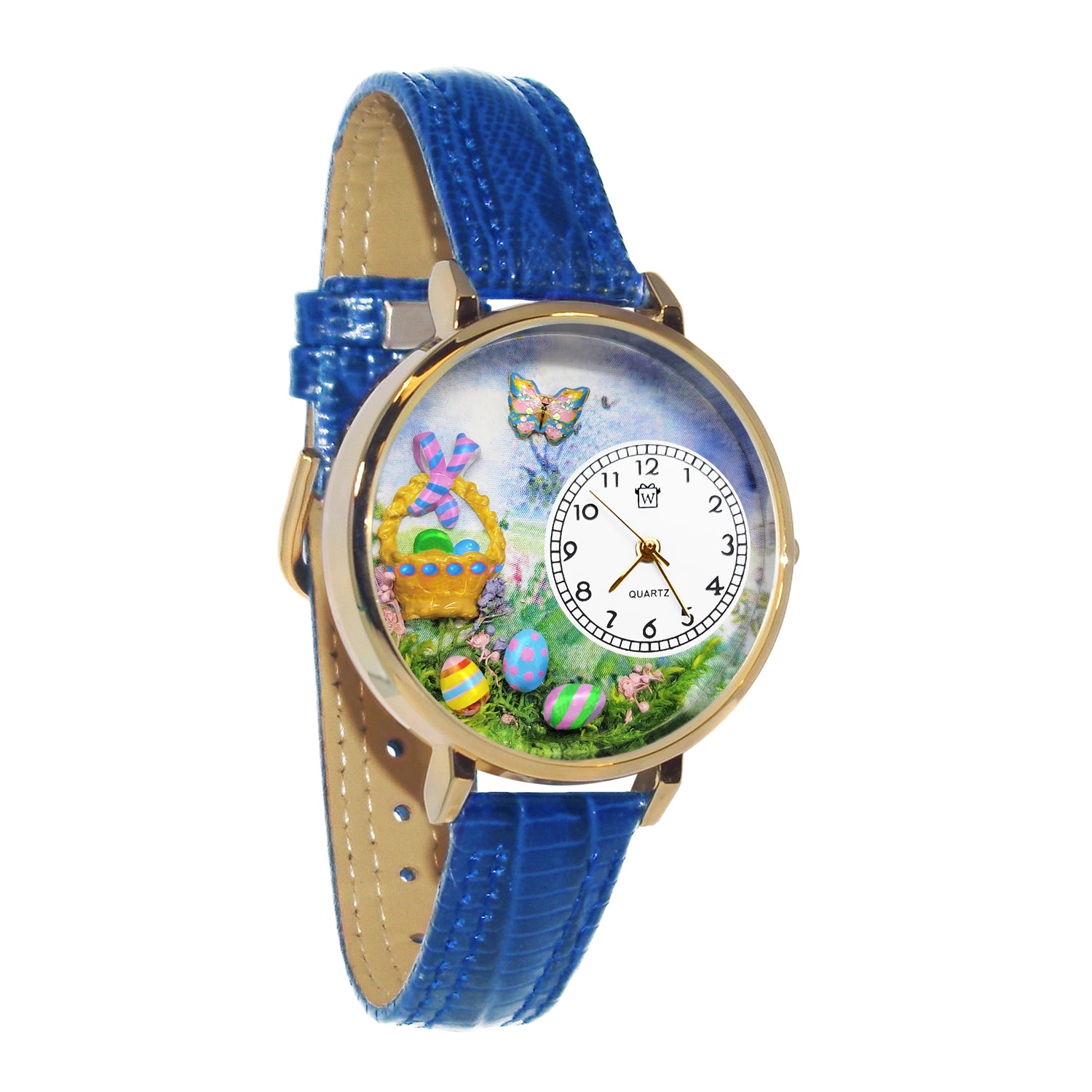 Whimsical Gifts | Easter Basket 3D Watch Large Style | Handmade in USA | Holiday & Seasonal Themed | Easter | Novelty Unique Fun Miniatures Gift | Gold Finish Royal Blue Leather Watch Band