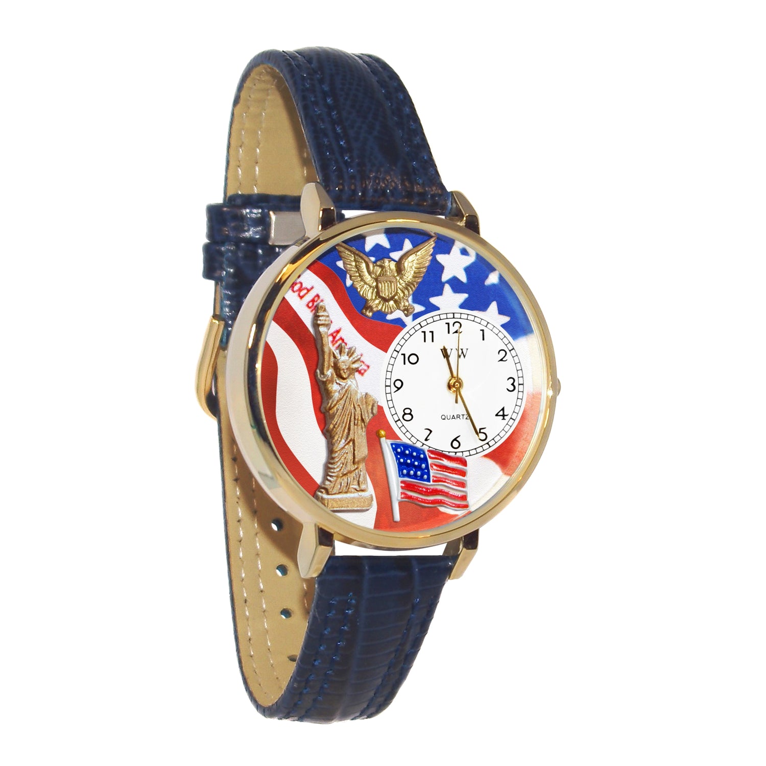 Whimsical Gifts | Statue of Liberty 3D Watch Large Style | Handmade in USA | Patriotic |  | Novelty Unique Fun Miniatures Gift | Gold Finish Navy Blue Leather Watch Band