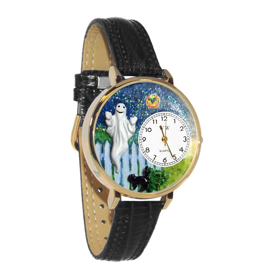 Whimsical Gifts | Halloween Ghost 3D Watch Large Style | Handmade in USA | Holiday & Seasonal Themed | Halloween | Novelty Unique Fun Miniatures Gift | Gold Finish Black Leather Watch Band