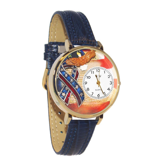 Whimsical Gifts | American Patriotic Stars and Stripes 3D Watch Large Style | Handmade in USA | Patriotic |  | Novelty Unique Fun Miniatures Gift | Gold Finish Navy Blue Leather Watch Band