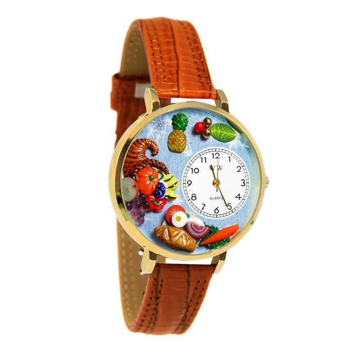 Whimsical Gifts | Holiday Feast 3D Watch Large Style | Handmade in USA | Holiday & Seasonal Themed | Fall & Winter | Novelty Unique Fun Miniatures Gift | Gold Finish Tan Leather Watch Band