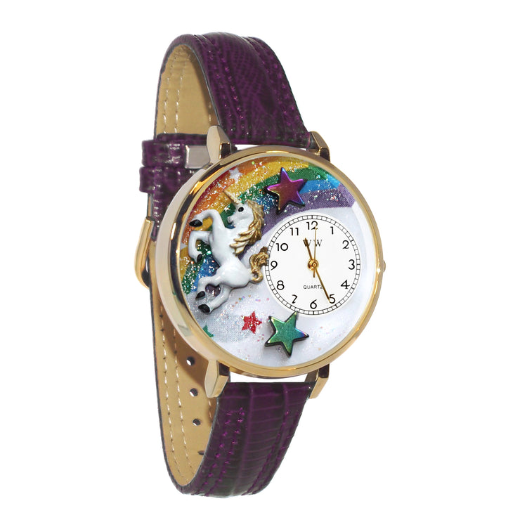 Whimsical Gifts | Unicorn 3D Watch Large Style | Handmade in USA | Fantasy & Mystical |  | Novelty Unique Fun Miniatures Gift | Gold Finish Purple Leather Watch Band