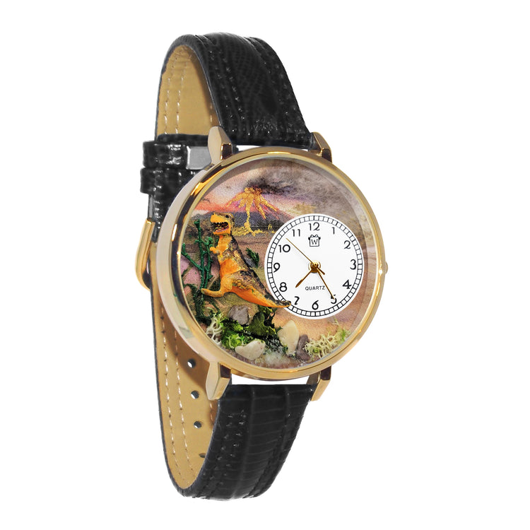 Whimsical Gifts | T-Rex Dinosaur 3D Watch Large Style | Handmade in USA | Youth Themed |  | Novelty Unique Fun Miniatures Gift | Gold Finish Black Leather Watch Band