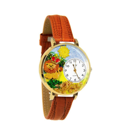 Whimsical Gifts | Lion 3D Watch Large Style | Handmade in USA | Animal Lover | Zoo & Sealife | Novelty Unique Fun Miniatures Gift | Gold Finish Tan Leather Watch Band