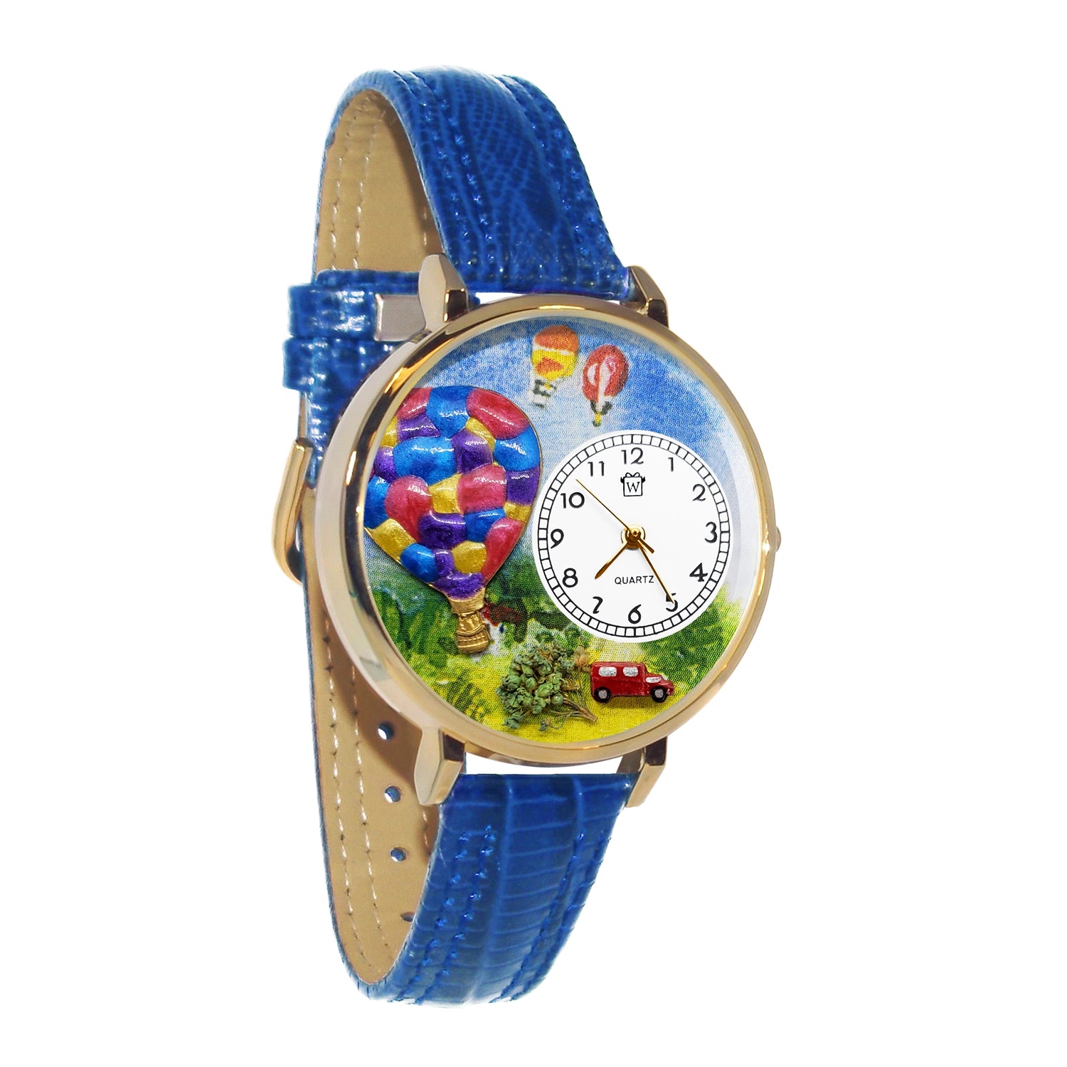 Whimsical Gifts | Hot Air Balloons 3D Watch Large Style | Handmade in USA | Hobbies & Special Interests | Outdoor Hobbies | Novelty Unique Fun Miniatures Gift | Gold Finish Royal Blue Leather Watch Band
