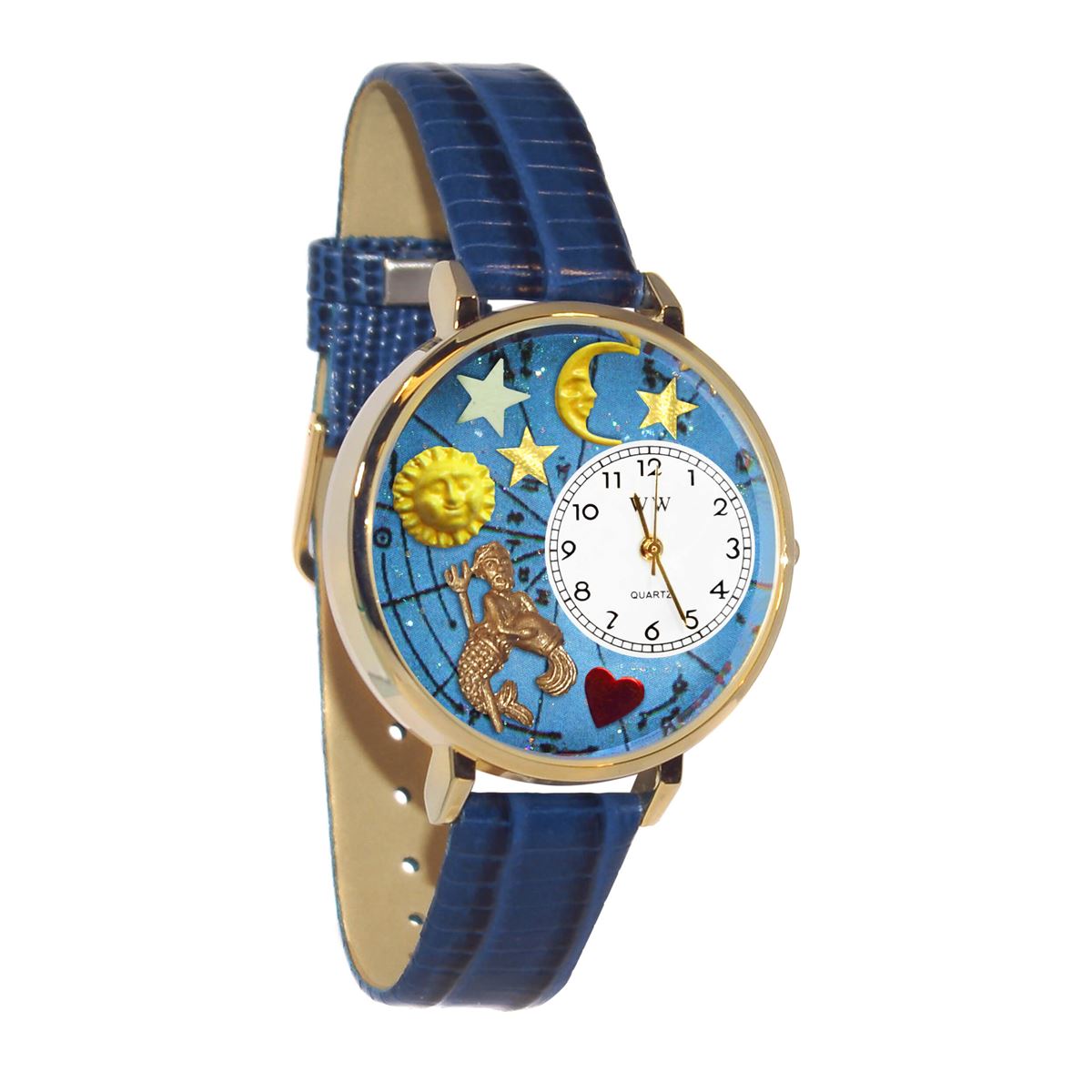 Whimsical Gifts | Aquarius Zodiac 3D Watch Large Style | Handmade in USA | Zodiac & Celestial |  | Novelty Unique Fun Miniatures Gift | Gold Finish Royal Blue Leather Watch Band