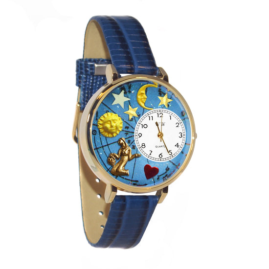 Whimsical Gifts | Virgo Zodiac 3D Watch Large Style | Handmade in USA | Zodiac & Celestial |  | Novelty Unique Fun Miniatures Gift | Gold Finish Royal Blue Leather Watch Band