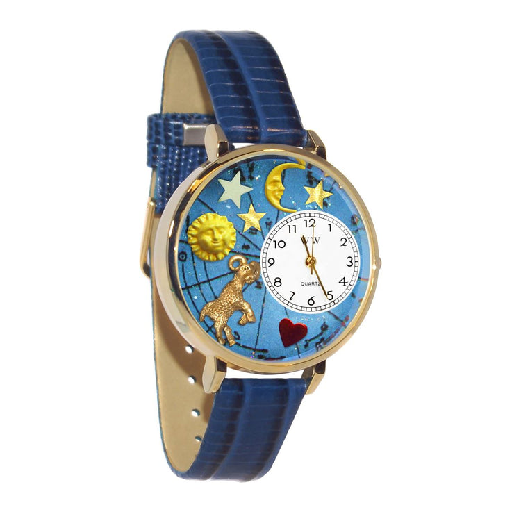 Whimsical Gifts | Aries Zodiac 3D Watch Large Style | Handmade in USA | Zodiac & Celestial |  | Novelty Unique Fun Miniatures Gift | Gold Finish Royal Blue Leather Watch Band