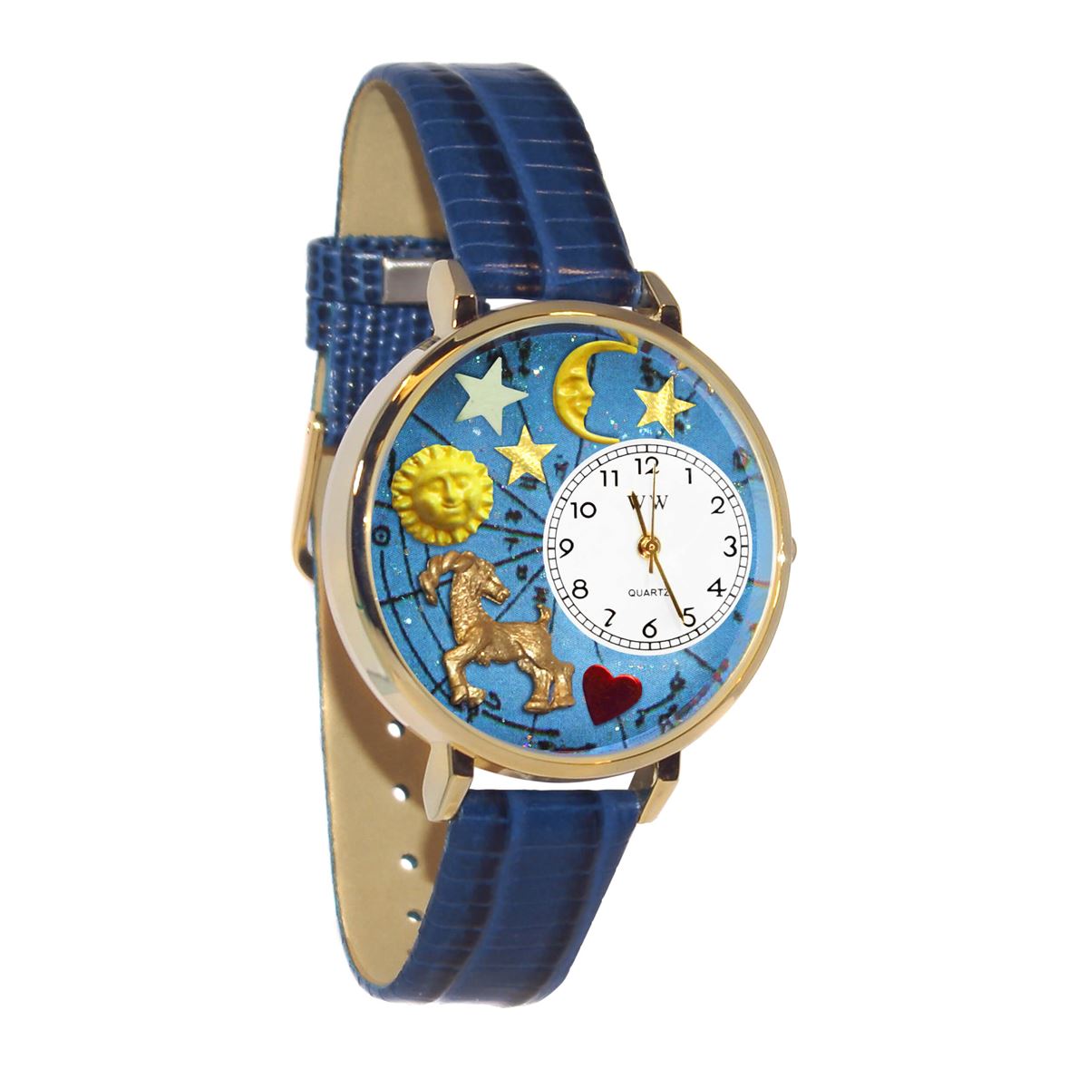 Whimsical Gifts | Capricorn Zodiac 3D Watch Large Style | Handmade in USA | Zodiac & Celestial |  | Novelty Unique Fun Miniatures Gift | Gold Finish Royal Blue Leather Watch Band