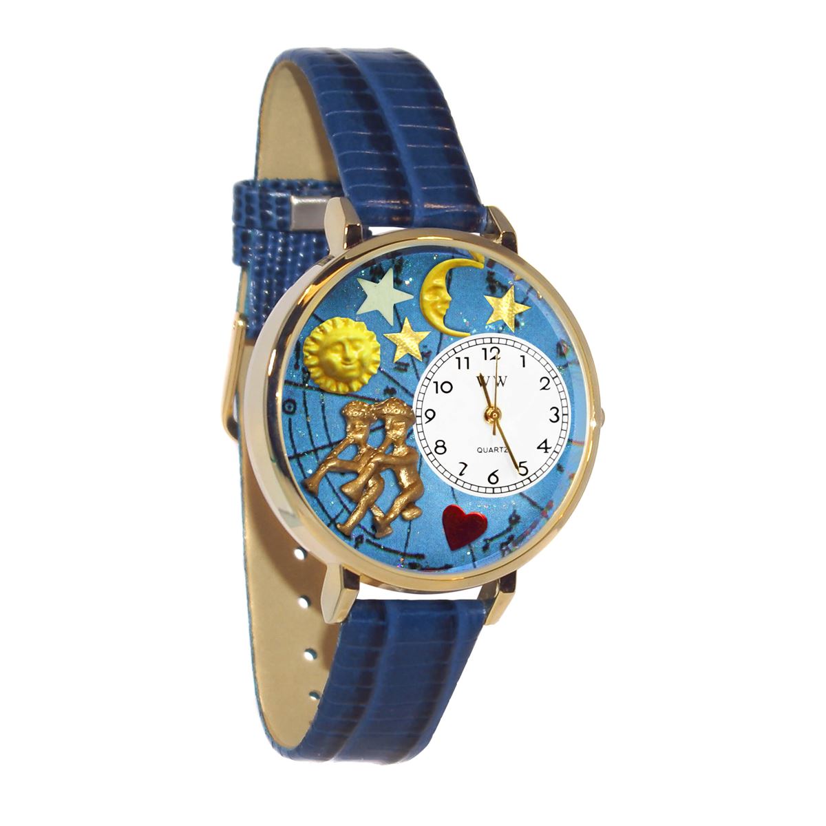 Whimsical Gifts | Gemini Zodiac 3D Watch Large Style | Handmade in USA | Zodiac & Celestial |  | Novelty Unique Fun Miniatures Gift | Gold Finish Royal Blue Leather Watch Band