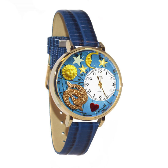 Whimsical Gifts | Pisces Zodiac 3D Watch Large Style | Handmade in USA | Zodiac & Celestial |  | Novelty Unique Fun Miniatures Gift | Gold Finish Royal Blue Leather Watch Band