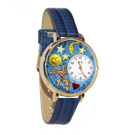 Whimsical Gifts | Sagittarius Zodiac 3D Watch Large Style | Handmade in USA | Zodiac & Celestial |  | Novelty Unique Fun Miniatures Gift | Gold Finish Royal Blue Leather Watch Band