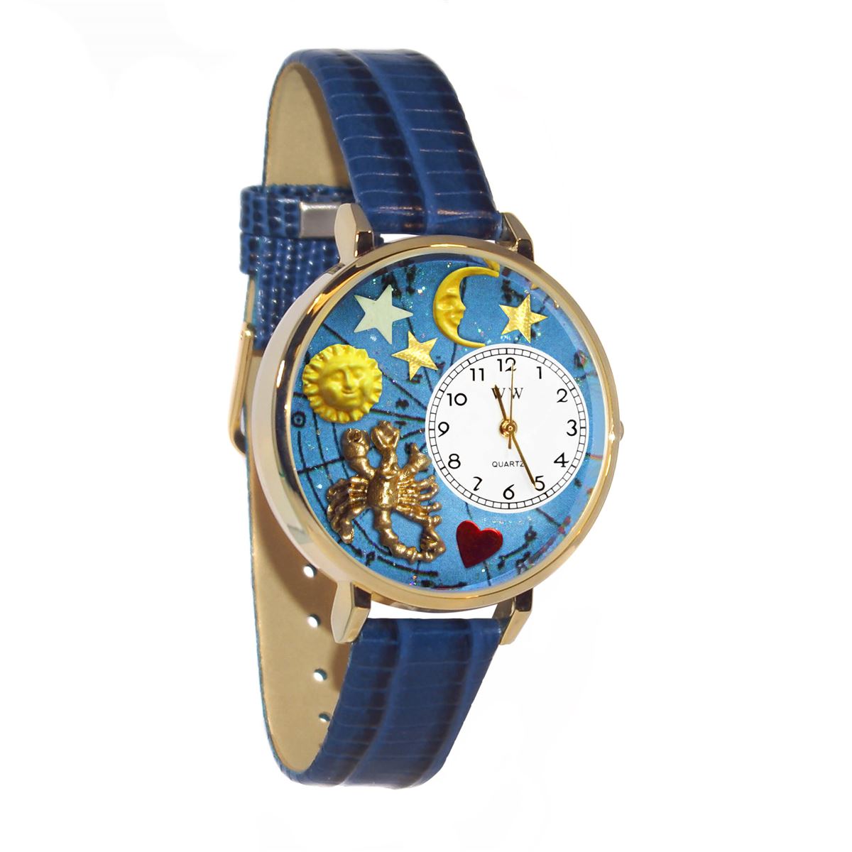 Whimsical Gifts | Scorpio Zodiac 3D Watch Large Style | Handmade in USA | Zodiac & Celestial |  | Novelty Unique Fun Miniatures Gift | Gold Finish Royal Blue Leather Watch Band