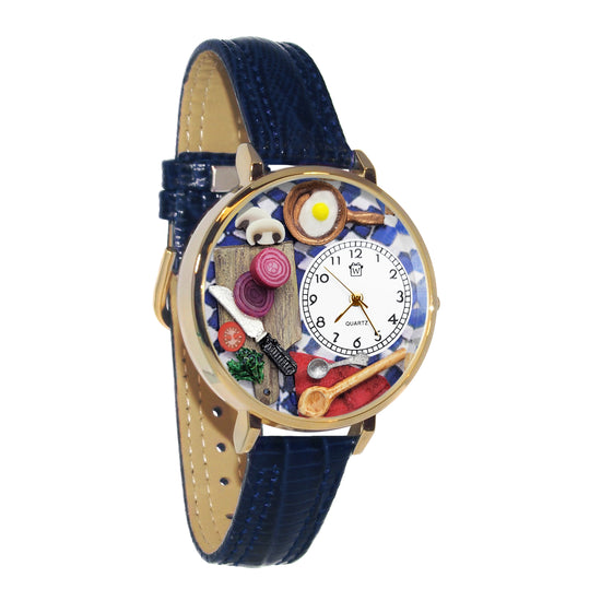 Whimsical Gifts | Chef Cooking 3D Watch Large Style | Handmade in USA | Hobbies & Special Interests | Chef | Cooking | Baking | Novelty Unique Fun Miniatures Gift | Gold Finish Navy Blue Leather Watch Band