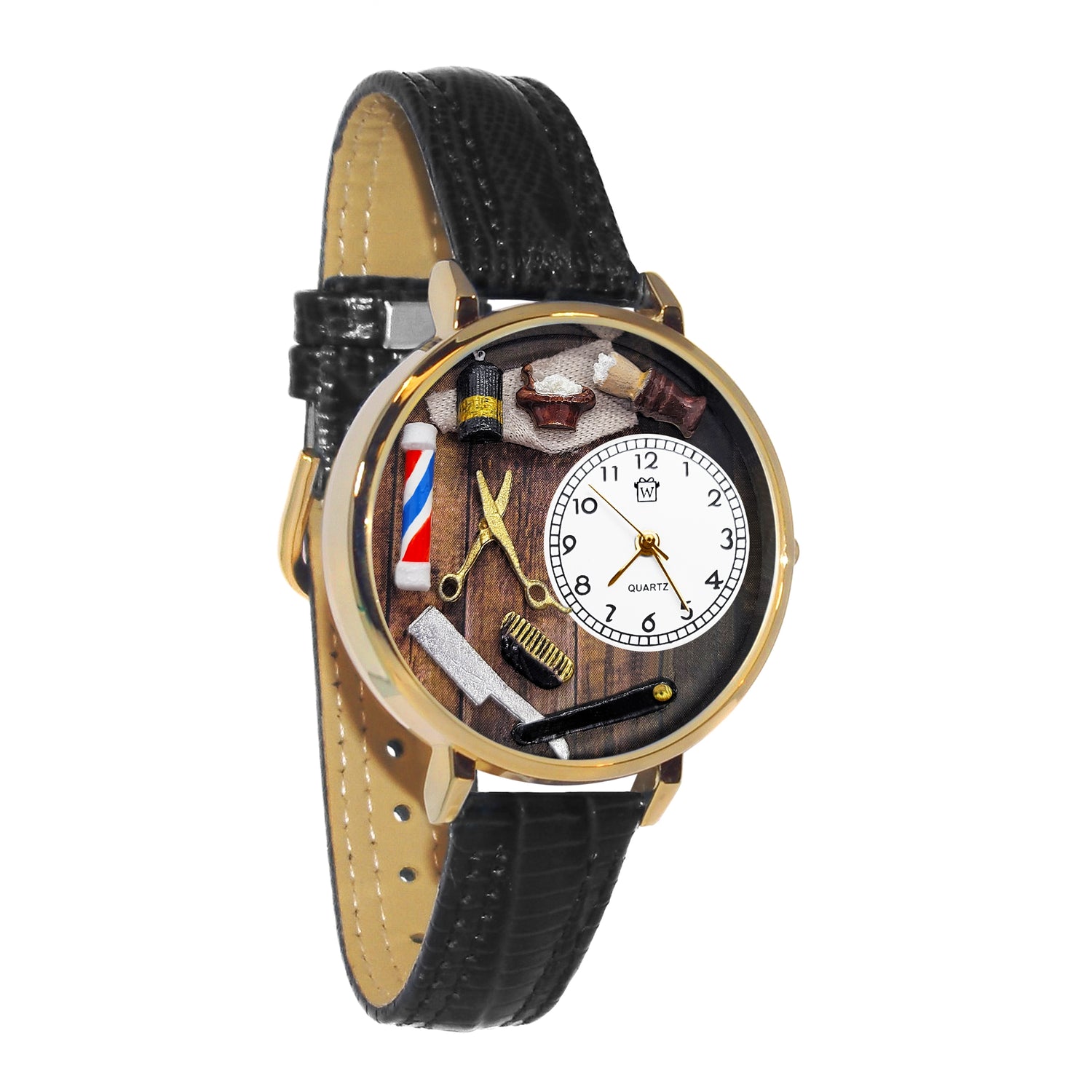 Whimsical Gifts | Barber 3D Watch Large Style | Handmade in USA | Professions Themed | Salon & Spa Professions | Novelty Unique Fun Miniatures Gift | Gold Finish Black Leather Watch Band