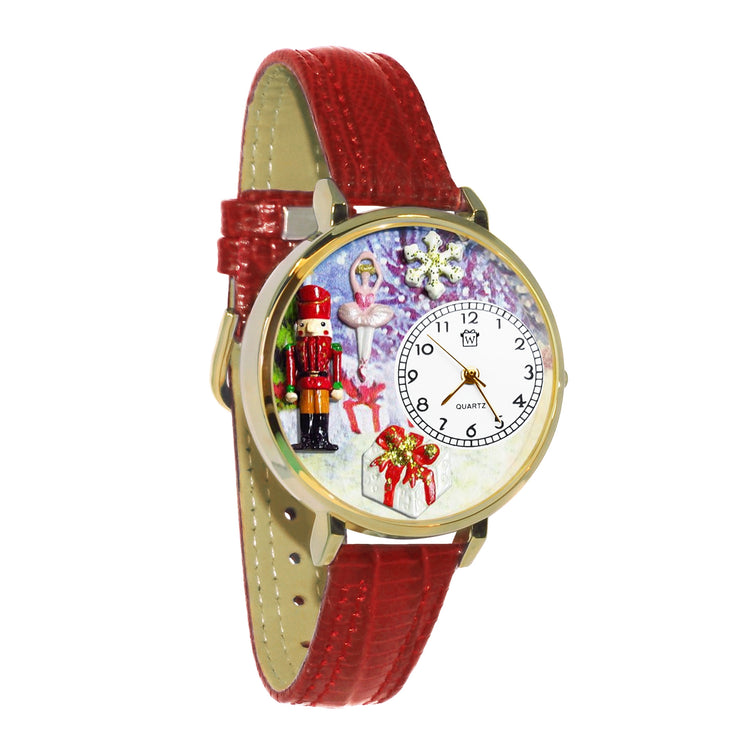 Whimsical Gifts | Nutcracker 3D Watch Large Style | Handmade in USA | Holiday & Seasonal Themed | Christmas | Novelty Unique Fun Miniatures Gift | Gold Finish Red Leather Watch Band