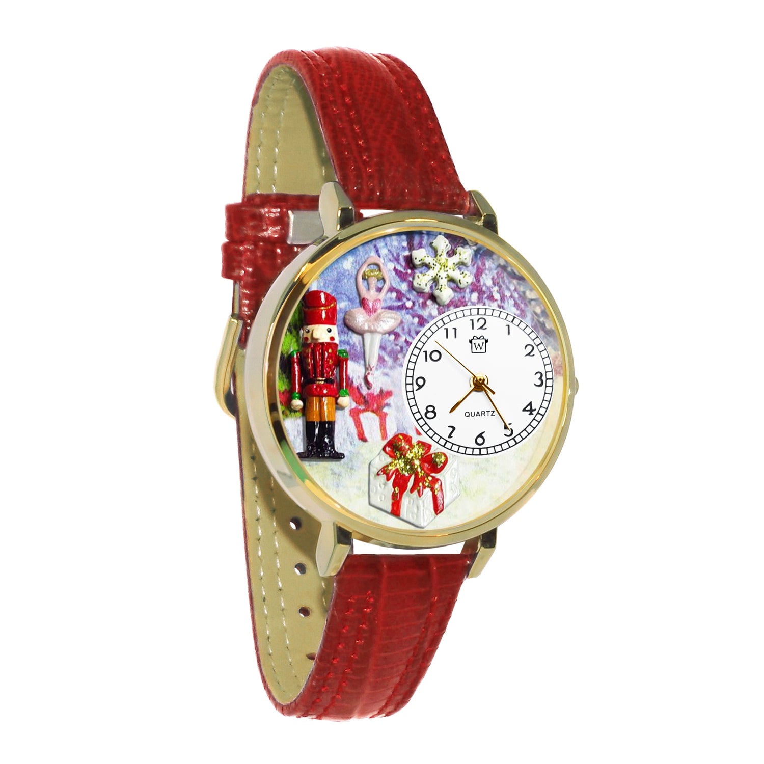 Whimsical Gifts | Nutcracker 3D Watch Large Style | Handmade in USA | Holiday & Seasonal Themed | Christmas | Novelty Unique Fun Miniatures Gift | Gold Finish Red Leather Watch Band