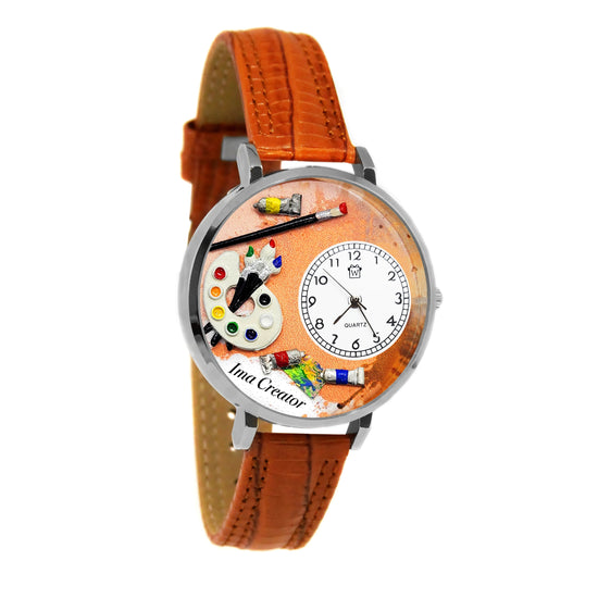 Whimsical Gifts | Personalized Artist Palette 3D Watch Large Style | Handmade in USA | Artist |  | Novelty Unique Fun Miniatures Gift | Silver Finish Tan Leather Watch Band