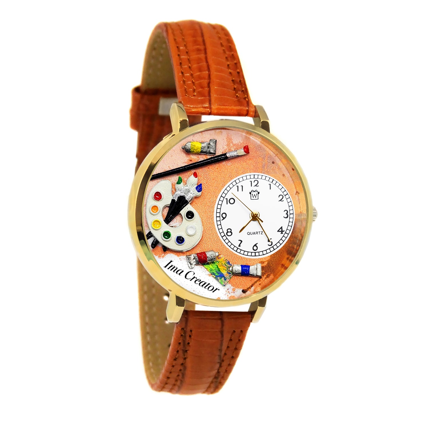 Whimsical Gifts | Personalized Artist Palette 3D Watch Large Style | Handmade in USA | Artist |  | Novelty Unique Fun Miniatures Gift | Gold Finish Tan Leather Watch Band