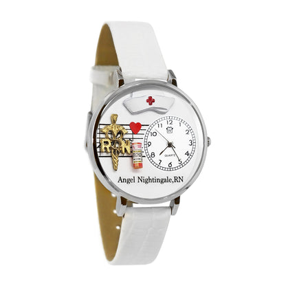 Whimsical Gifts | Personalized Nurse RN 3D Watch Large Style | Handmade in USA | Professions Themed | Nurse | Novelty Unique Fun Miniatures Gift | Silver Finish White Leather Watch Band