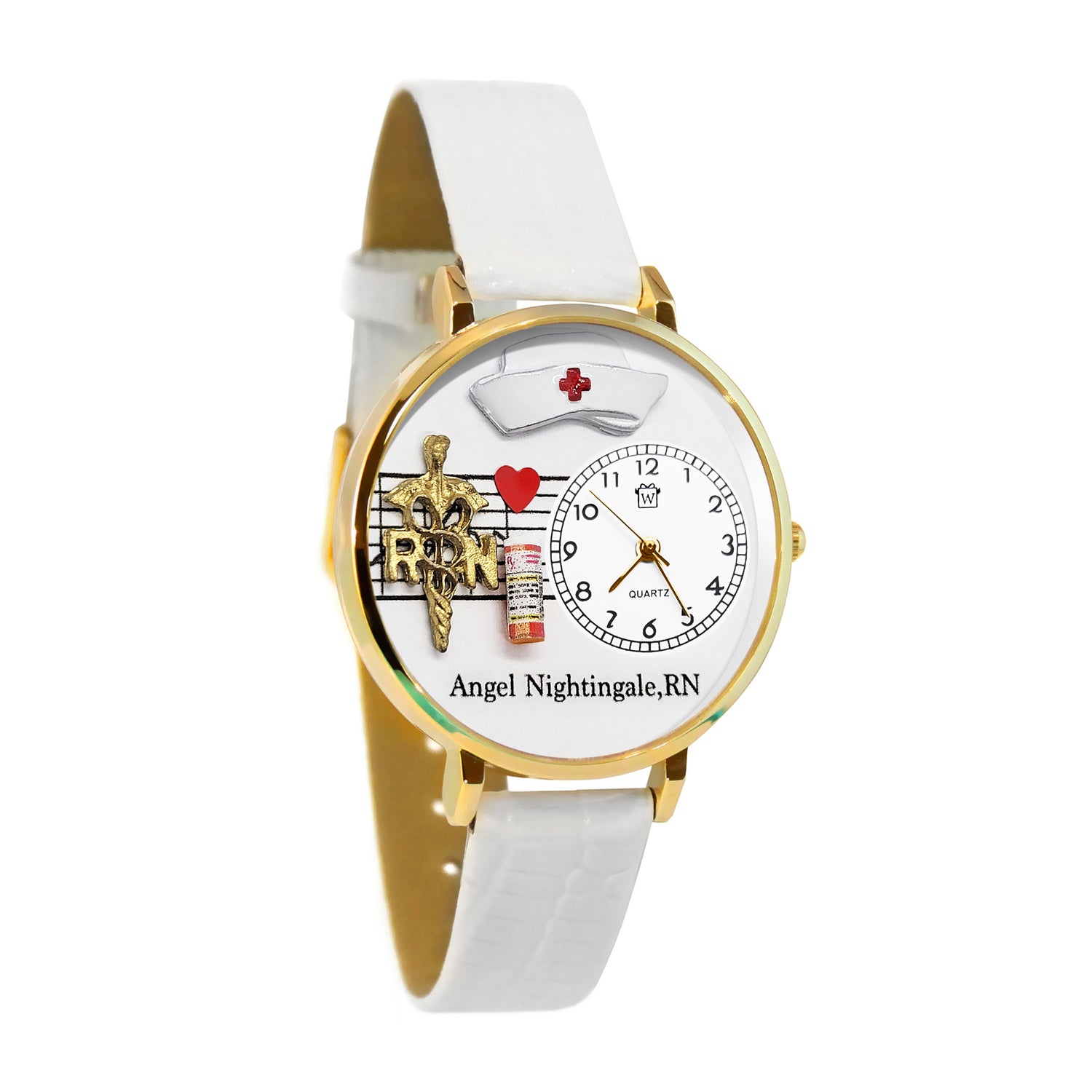 Whimsical Gifts | Personalized Nurse RN 3D Watch Large Style | Handmade in USA | Professions Themed | Nurse | Novelty Unique Fun Miniatures Gift | Gold Finish White Leather Watch Band