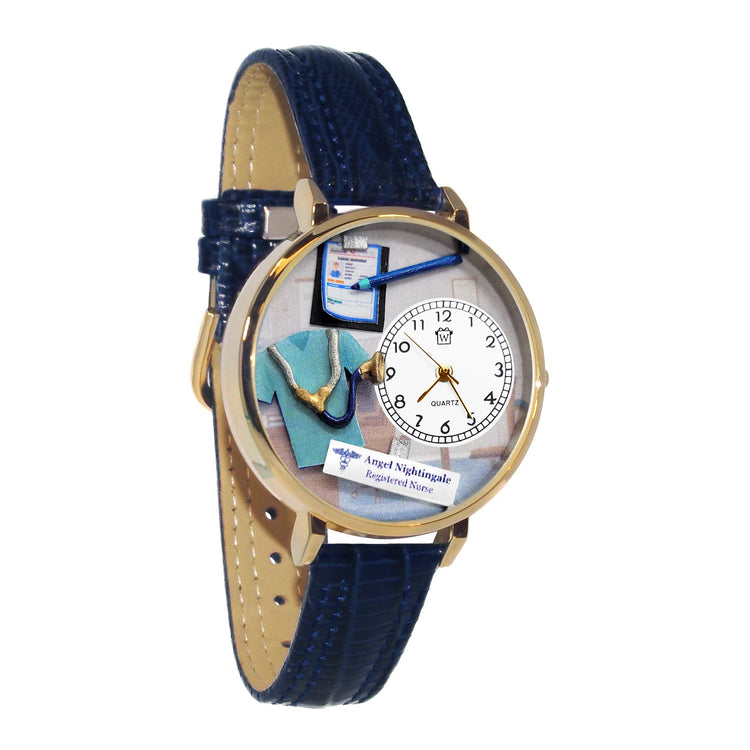 Whimsical Gifts | Personalized Scrub Life 3D Watch Large Style | Handmade in USA | Professions Themed | Medical Professions | Novelty Unique Fun Miniatures Gift | Silver Finish Navy Blue Leather Watch Band