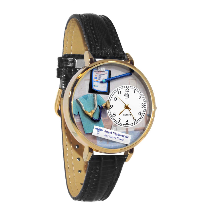 Whimsical Gifts | Personalized Scrub Life 3D Watch Large Style | Handmade in USA | Professions Themed | Medical Professions | Novelty Unique Fun Miniatures Gift | Gold Finish Navy Blue Leather Watch Band