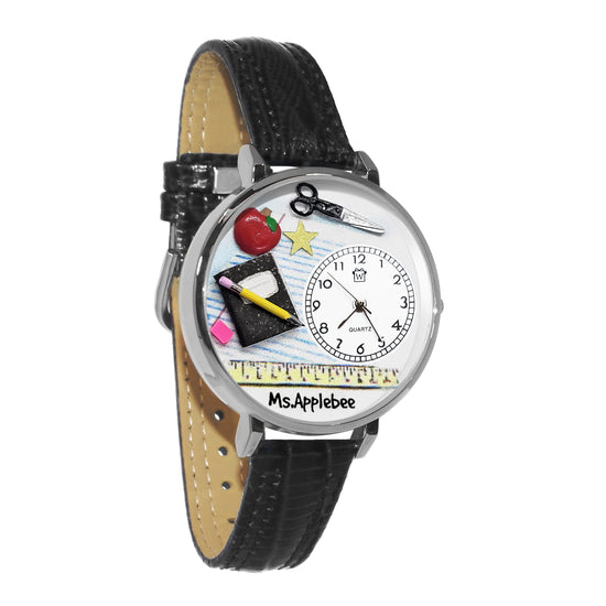 Whimsical Gifts | Personalized Teacher Classic 3D Watch Large Style | Handmade in USA | Professions Themed | Teacher | Novelty Unique Fun Miniatures Gift | Silver Finish Black Leather Watch Band