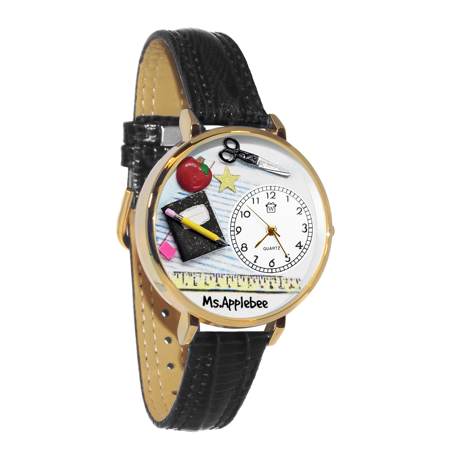 Whimsical Gifts | Personalized Teacher Classic 3D Watch Large Style | Handmade in USA | Professions Themed | Teacher | Novelty Unique Fun Miniatures Gift | Gold Finish Black Leather Watch Band