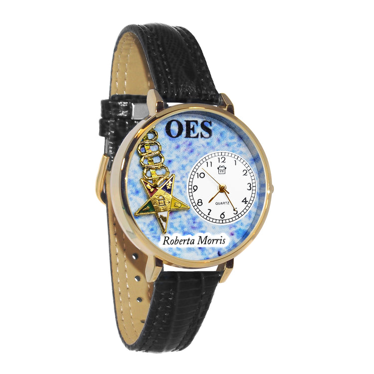 Whimsical Gifts | Personalized Order of the Eastern Star 3D Watch Large Style | Handmade in USA | Hobbies & Special Interests | Order of the Eastern Star | Novelty Unique Fun Miniatures Gift | Gold Finish Black Leather Watch Band