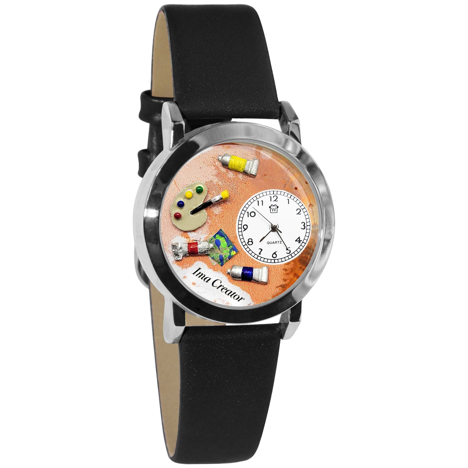 Whimsical Gifts | Personalized Artist Palette 3D Watch Small Style | Handmade in USA | Artist |  | Novelty Unique Fun Miniatures Gift | Silver Finish Black Leather Watch Band