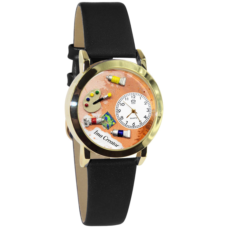 Whimsical Gifts | Personalized Artist Palette 3D Watch Small Style | Handmade in USA | Artist |  | Novelty Unique Fun Miniatures Gift | Gold Finish Black Leather Watch Band