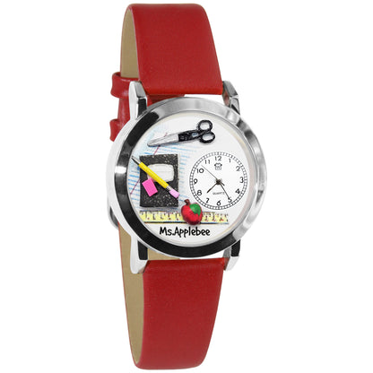 Whimsical Gifts | Personalized Teacher Classic 3D Watch Small Style | Handmade in USA | Professions Themed | Teacher | Novelty Unique Fun Miniatures Gift | Silver Finish Red Leather Watch Band