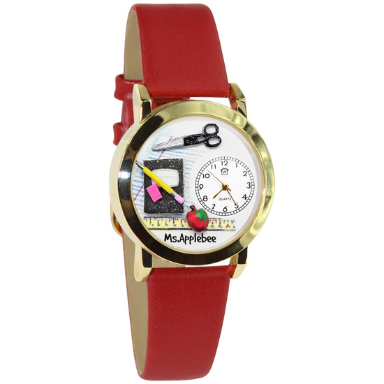 Whimsical Gifts | Personalized Teacher Classic 3D Watch Small Style | Handmade in USA | Professions Themed | Teacher | Novelty Unique Fun Miniatures Gift | Gold Finish Red Leather Watch Band