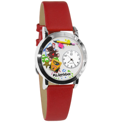Whimsical Gifts | Presonalized Preschool Teacher 3D Watch Small Style | Handmade in USA | Professions Themed | Teacher | Novelty Unique Fun Miniatures Gift | Silver Finish Red Leather Watch Band
