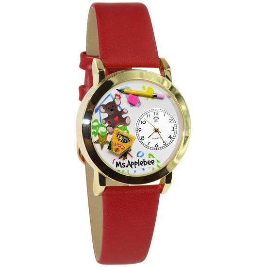 Whimsical Gifts | Presonalized Preschool Teacher 3D Watch Small Style | Handmade in USA | Professions Themed | Teacher | Novelty Unique Fun Miniatures Gift | Gold Finish Red Leather Watch Band
