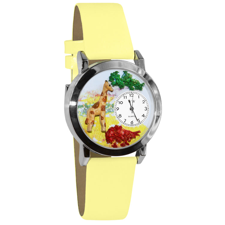 Whimsical Gifts | Giraffe 3D Watch Small Style | Handmade in USA | Animal Lover | Zoo & Sealife | Novelty Unique Fun Miniatures Gift | Silver Finish Yellow Leather Watch Band