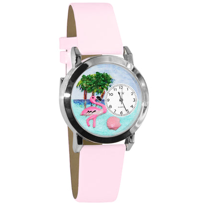 Whimsical Gifts | Flamingo 3D Watch Small Style | Handmade in USA | Holiday & Seasonal Themed | Spring & Summer Fun | Novelty Unique Fun Miniatures Gift | Silver Finish Pink Leather Watch Band