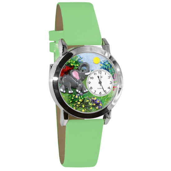 Whimsical Gifts | Elephant 3D Watch Small Style | Handmade in USA | Animal Lover | Zoo & Sealife | Novelty Unique Fun Miniatures Gift | Silver Finish Green Leather Watch Band