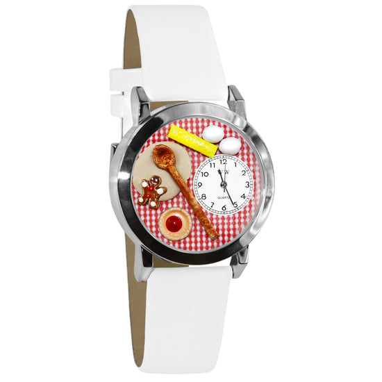 Whimsical Gifts | Baking Cookies 3D Watch Small Style | Handmade in USA | Hobbies & Special Interests | Chef | Cooking | Baking | Novelty Unique Fun Miniatures Gift | Silver Finish White Leather Watch Band