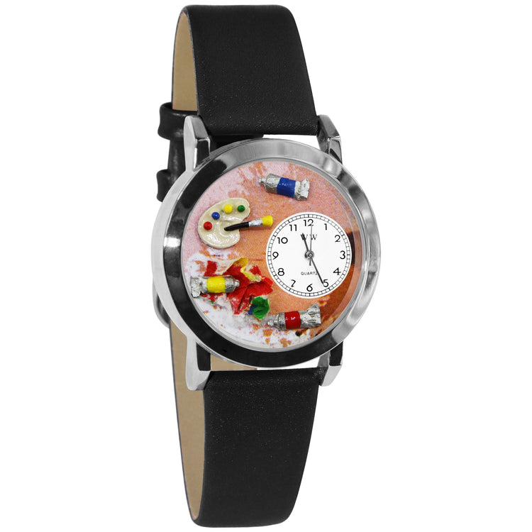 Whimsical Gifts | Artist Palette 3D Watch Small Style | Handmade in USA | Artist |  | Novelty Unique Fun Miniatures Gift | Silver Finish Black Leather Watch Band
