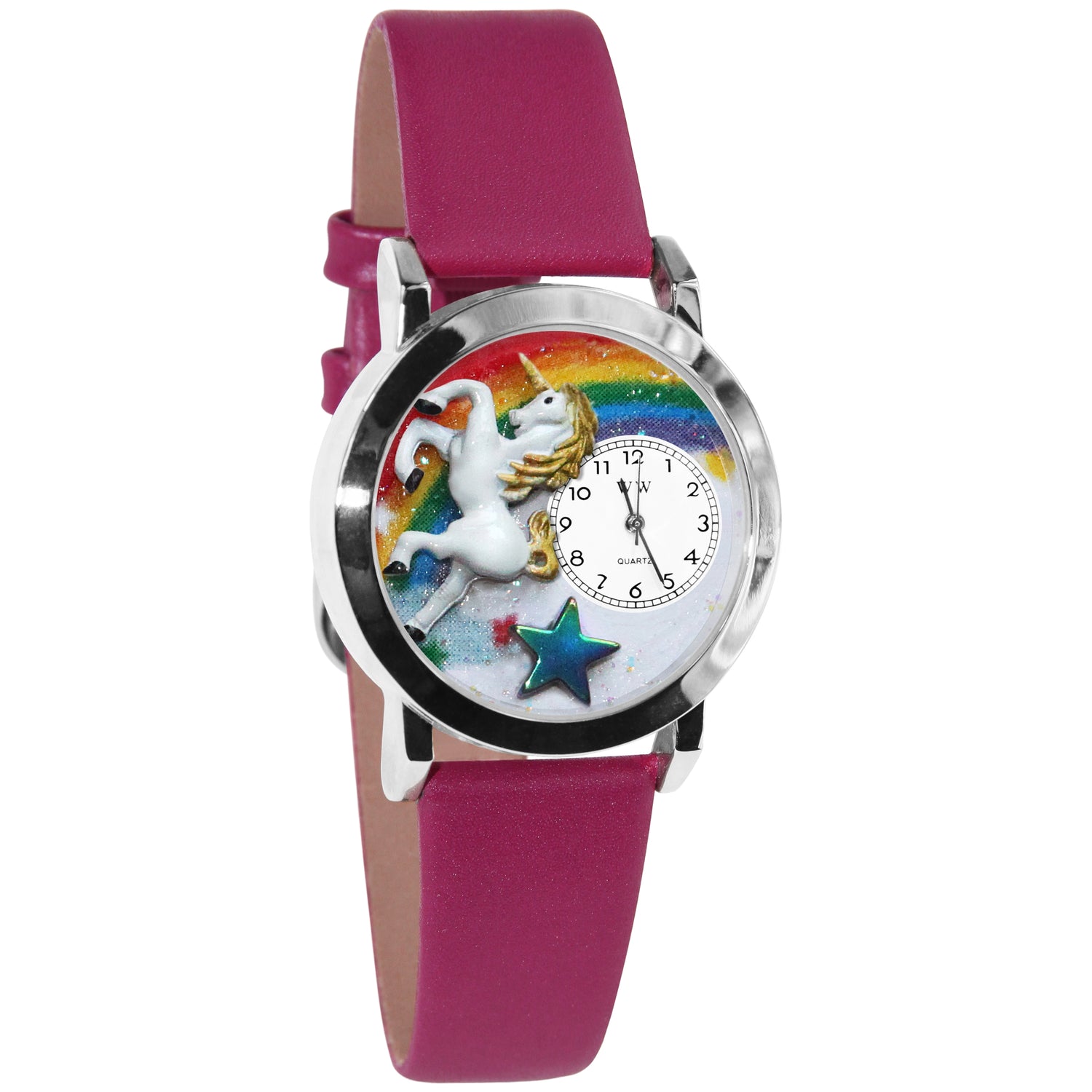 Whimsical Gifts | Unicorn 3D Watch Small Style | Handmade in USA | Fantasy & Mystical |  | Novelty Unique Fun Miniatures Gift | Silver Finish Fuschia Leather Watch Band
