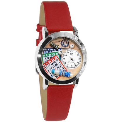 Whimsical Gifts | Bingo 3D Watch Small Style | Handmade in USA | Hobbies & Special Interests | Casino | Gaming | Game Night | Novelty Unique Fun Miniatures Gift | Silver Finish Red Leather Watch Band