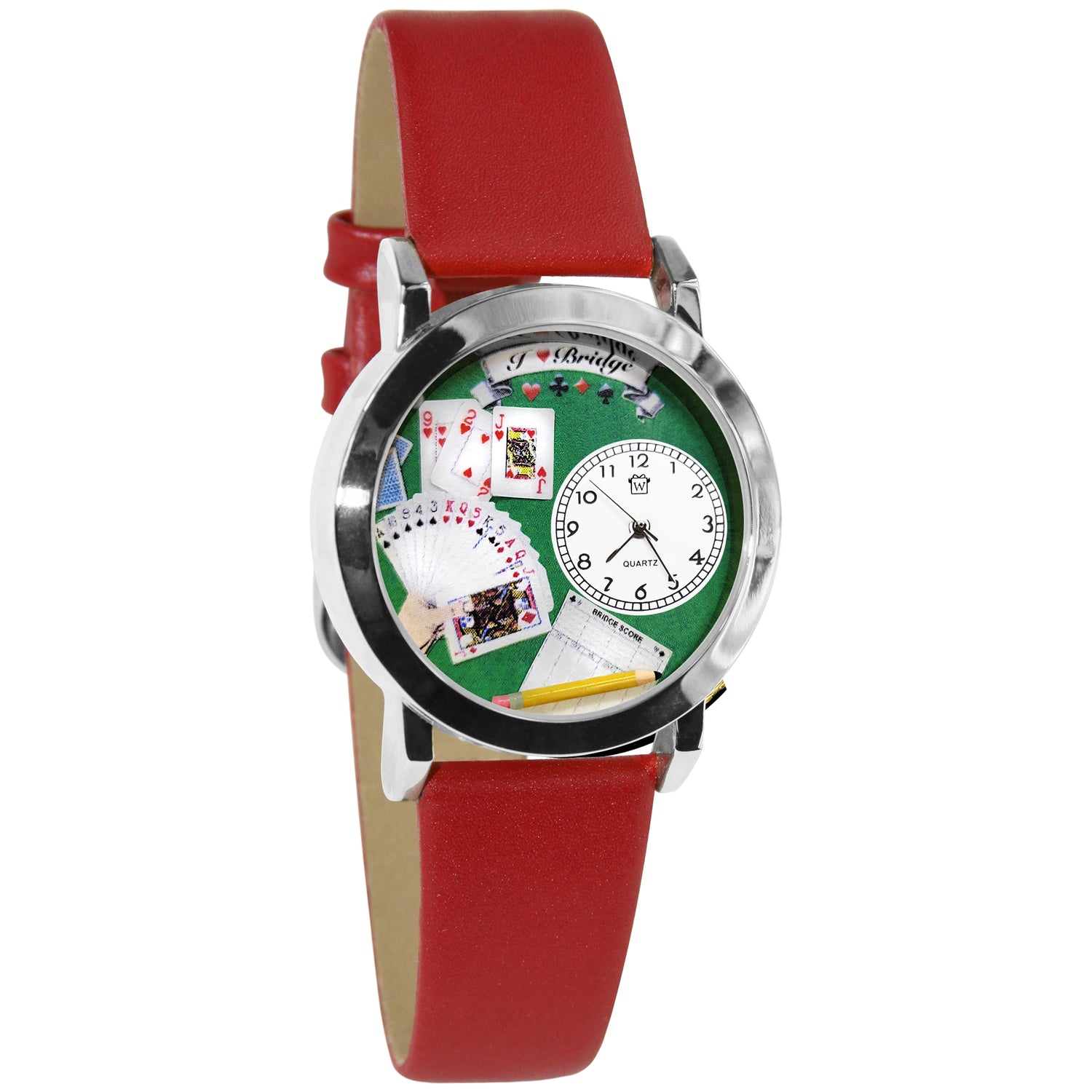 Whimsical Gifts | Bridge 3D Watch Small Style | Handmade in USA | Hobbies & Special Interests | Casino | Gaming | Game Night | Novelty Unique Fun Miniatures Gift | Silver Finish Red Leather Watch Band