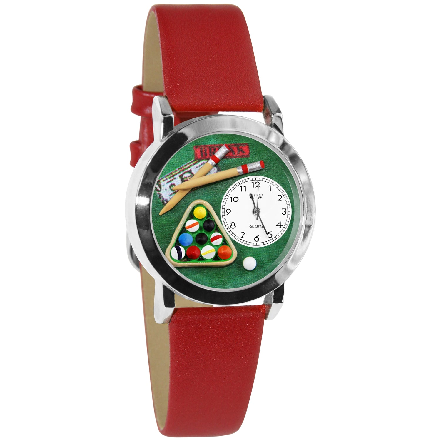 Whimsical Gifts | Billiards 3D Watch Small Style | Handmade in USA | Hobbies & Special Interests | Casino | Gaming | Game Night | Novelty Unique Fun Miniatures Gift | Silver Finish Red Leather Watch Band