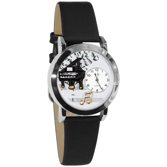 Whimsical Gifts | Music Piano 3D Watch Small Style | Handmade in USA | Hobbies & Special Interests | Music | Novelty Unique Fun Miniatures Gift | Silver Finish Black Leather Watch Band