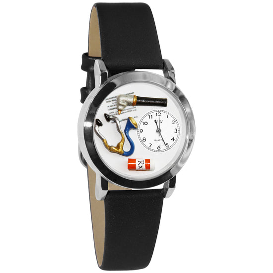 Whimsical Gifts | Doctor 3D Watch Small Style | Handmade in USA | Professions Themed | Medical Professions | Novelty Unique Fun Miniatures Gift | Silver Finish Black Leather Watch Band